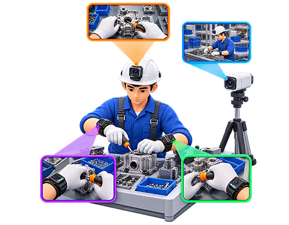 Multi-camera recording setup capturing a scene from multiple synchronized angles